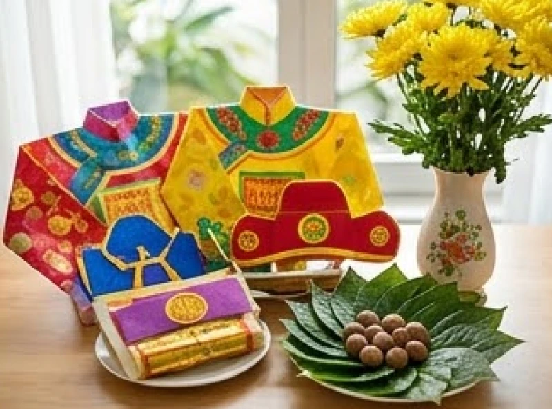 Bộ vàng mã áo mũ rước Táo quân cùng trầu cau và hoa tươi được bày biện trang nghiêm