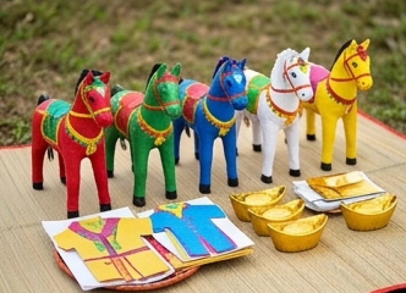 Văn khấn động thổ xây mộ: Bài cúng chuẩn và nghi thức tạ lễ 4 Các bộ ngựa giấy ngũ sắc và quần áo giấy chuẩn bị cho lễ dâng Thổ thần Long mạch