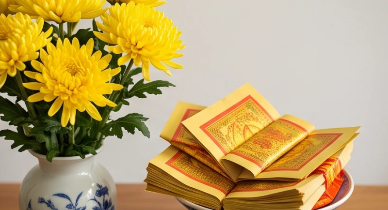 Bộ vàng mã tạ đất thổ thần cùng bình hoa cúc vàng rực rỡ được chuẩn bị tỉ mỉ cho buổi lễ