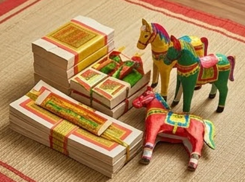 Các bộ vàng mã và ngựa giấy nhiều màu sắc được chuẩn bị cẩn thận cho lễ tạ tổ tiên