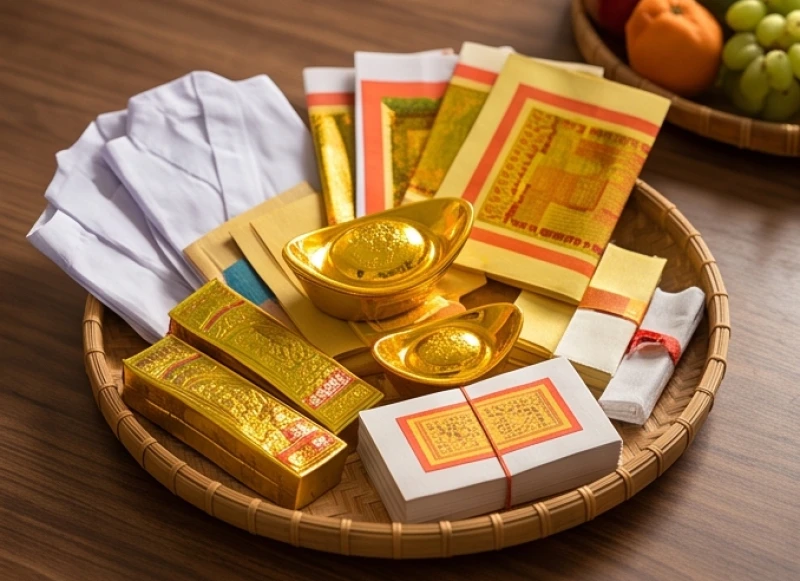 Văn khấn xả tang: Bài cúng chuẩn, sắm lễ và cách xử lý bàn thờ 7 Các lễ vật vàng mã, quần áo giấy và nón mũ được chuẩn bị để hóa trong phần cuối của lễ xả tang