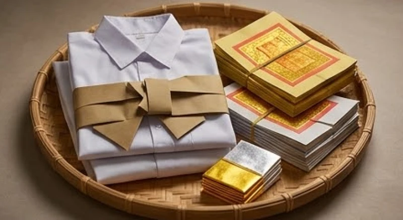 Văn khấn hết tang chồng: Bài cúng chuẩn xưng hô & sắm lễ 4 Bộ quần áo bằng giấy và đinh tiền vàng mã được sắp xếp ngay ngắn trên mâm để chuẩn bị hóa trong lễ xả tang