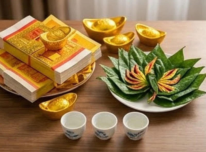 Văn khấn trưa 30 Tết: 3 bài cúng cổ truyền và trình tự hành lễ 5 Bộ lễ vật vàng mã cúng 30 Tết được sắp xếp gọn gàng bên cạnh đĩa trầu têm cánh phượng và ba chén rượu trắng