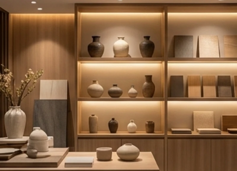 Các sản phẩm gốm sứ thủ công cao cấp được trưng bày trên kệ gỗ trong một showroom hiện đại