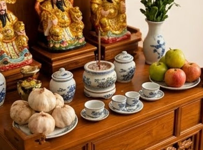 Cách bài trí bàn thờ Thần Tài cho tuổi Mão: sơ đồ chi tiết 5 Các vật phẩm cần thiết trên bàn thờ Thần Tài được sắp xếp gọn gàng