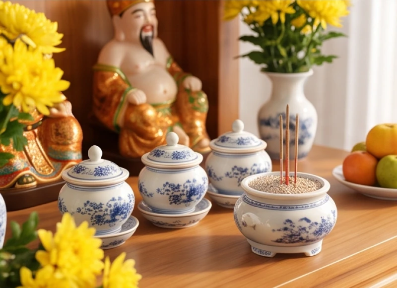 Các vật phẩm thờ cúng gồm bát hương cốt thất bảo, ba hũ chóe, bình hoa tươi và đĩa trái cây ngũ sắc