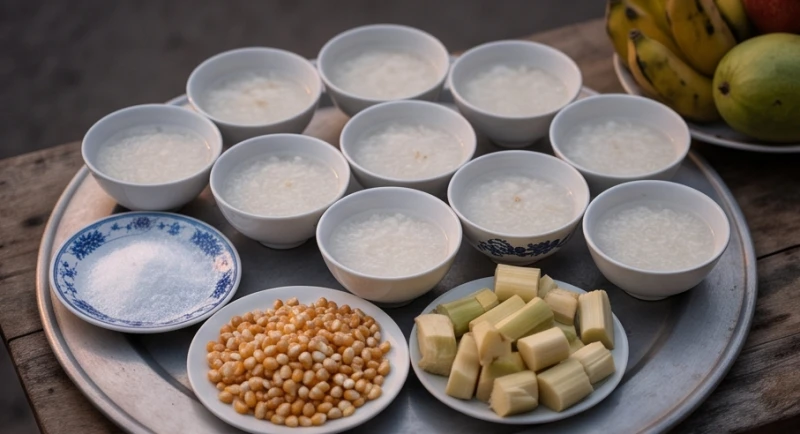 Mâm cúng cô hồn với các vật phẩm chay tịnh như cháo loãng, muối gạo và bỏng ngô được sắp xếp gọn gàng