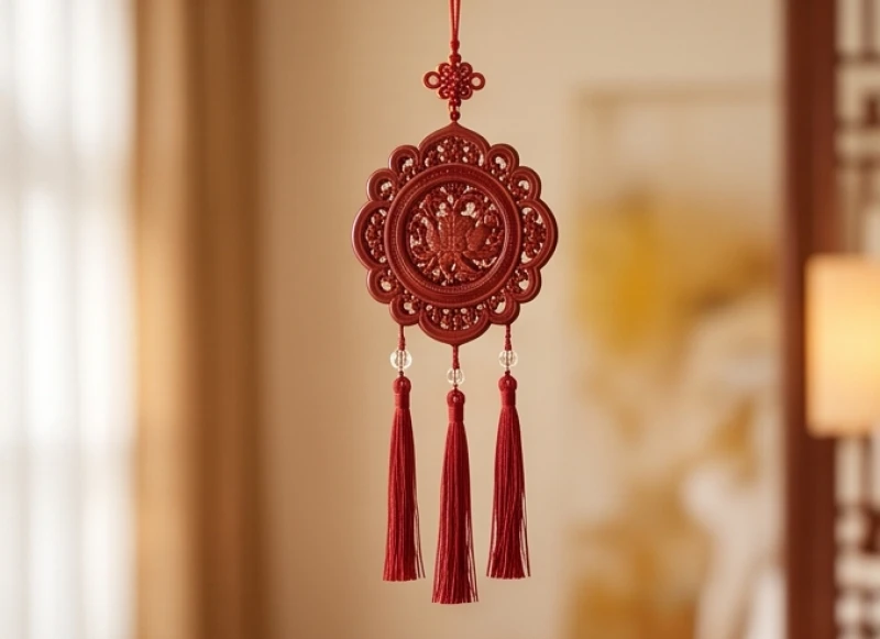 Khánh treo bình an bằng gỗ sưa đỏ phối tua rua tinh xảo dùng để trung hòa trường năng lượng xấu