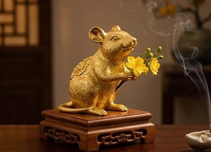Tuổi Tý hợp tuổi nào: Tra cứu chi tiết theo từng năm sinh 9 Bức tượng Chuột mạ vàng ôm nhánh hoa mai nở rộ tỏa ra ánh sáng rực rỡ giúp thu hút tài lộc phong thủy
