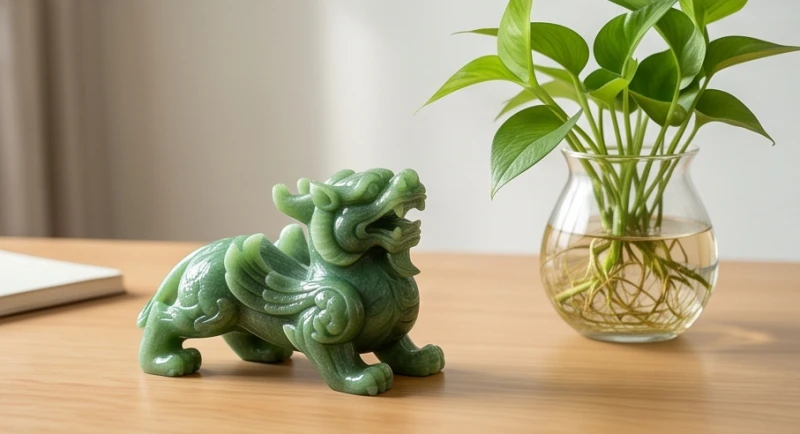 Linh vật Tỳ Hưu tạc từ ngọc bích xanh lá đặt cạnh chậu cây Kim Ngân thủy sinh trên bàn làm việc