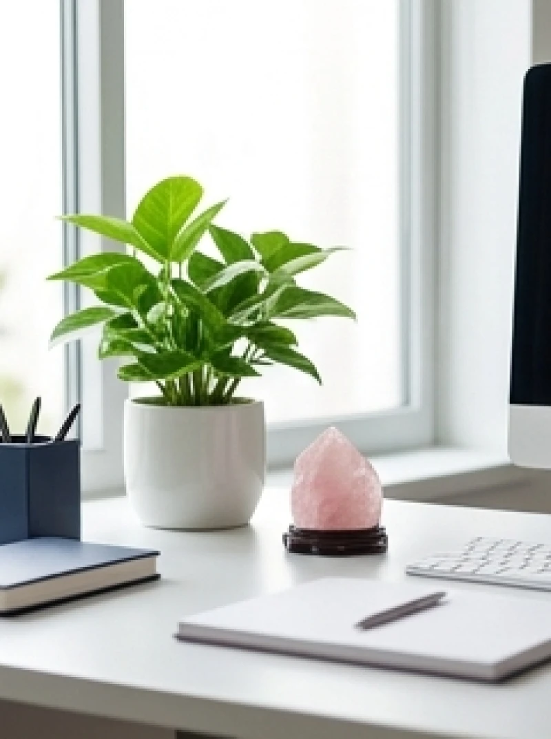 Tuổi Sửu hợp màu gì: Tra cứu ngũ hành và tỷ lệ phối màu chuẩn 8 Chậu cây xanh nhỏ và vật phẩm phong thủy màu đỏ hồng được bố trí khéo léo trên bàn làm việc để đón tài lộc
