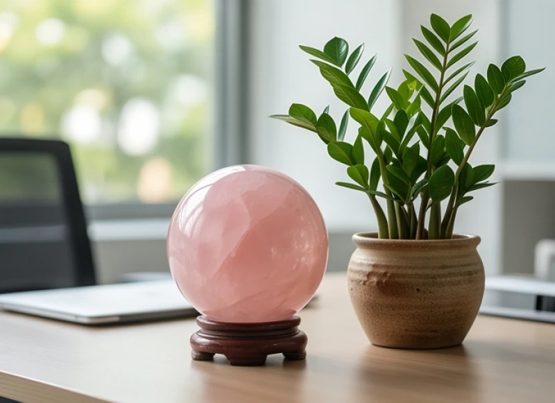 Quả cầu thạch anh hồng và chậu cây kim tiền đặt trên bàn làm việc giúp hút sinh khí