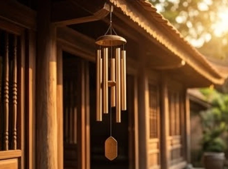 Chiếc chuông gió bằng đồng thau nguyên khối treo trước hiên nhà gỗ đón luồng gió mát