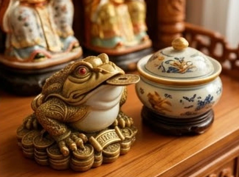 Tụ Bảo Bồn và Cóc Thiềm Thừ ngậm tiền vàng được đặt trên bàn thờ Thần Tài