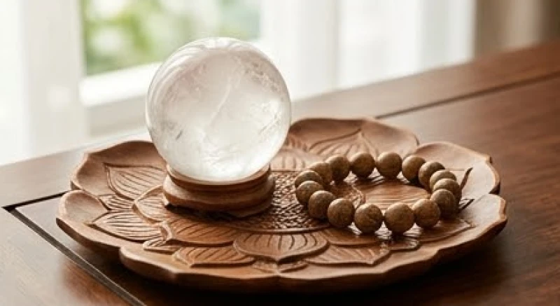 Vòng tay trầm hương và quả cầu thạch anh trắng được bài trí thanh lịch giúp kích hoạt năng lượng tốt