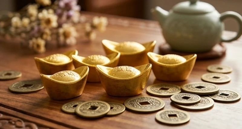 Đồng tiền xu cổ và thỏi vàng phong thủy đặt trên mặt bàn gỗ mang ý nghĩa chiêu tài