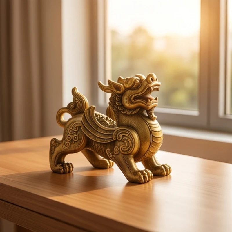 Tượng Tỳ Hưu bằng đồng đặt trang trọng trên bàn làm việc hướng ra ánh sáng