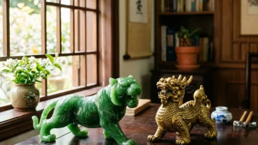 Bộ sưu tập các vật phẩm phong thủy cho người tuổi Dần giúp thu hút vượng khí đặt trên bàn làm việc gỗ sang trọng