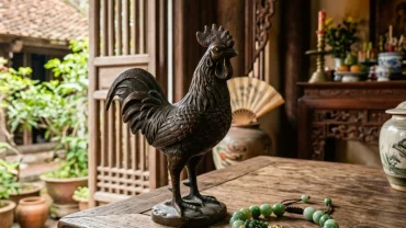 Bộ sưu tập vật phẩm phong thủy cho người tuổi Dậu gồm tượng gà trống bằng đồng và vòng tay ngọc bích