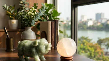Tượng heo phong thủy và quả cầu thạch anh trên bàn làm việc, vật phẩm phong thủy cho người tuổi hợi để cân bằng sinh khí