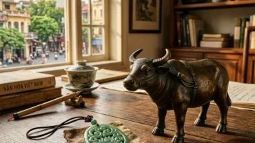 Tượng trâu đồng và tỳ hưu là vật phẩm phong thủy cho người tuổi sửu được bày trí trang trọng trên bàn làm việc