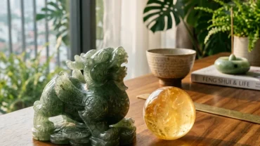 Bộ sưu tập các vật phẩm phong thủy cho người tuổi tỵ như tỳ hưu và quả cầu thạch anh trên bàn gỗ