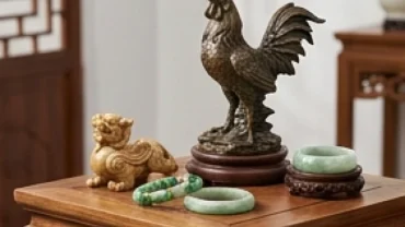 Bộ sưu tập các vật phẩm phong thủy cho tuổi dậu bằng ngọc và đồng được bài trí trang trọng trên bàn gỗ