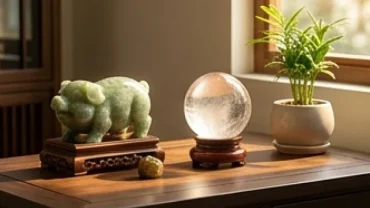 Trưng bày vật phẩm phong thủy cho tuổi Mão với tượng linh vật và quả cầu thạch anh