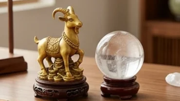Bộ sưu tập vật phẩm phong thủy cho tuổi mùi gồm tượng dê tài lộc và quả cầu thạch anh trên bàn làm việc