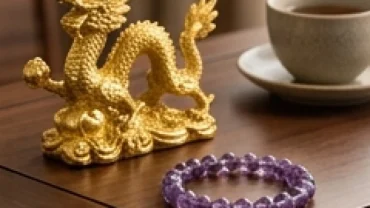 Tượng Rồng và vòng tay thạch anh là vật phẩm phong thủy cho tuổi thìn được bài trí trên bàn làm việc
