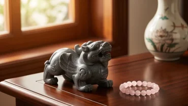 Tượng tỳ hưu và vòng tay thạch anh kết hợp hài hòa trong không gian trưng bày vật phẩm phong thủy cho tuổi tuất
