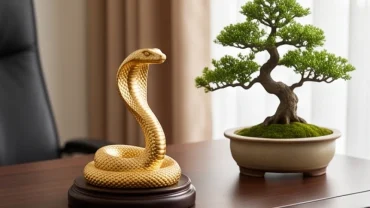 Tượng rắn phong thủy mạ vàng tinh xảo đại diện cho vật phẩm phong thủy cho tuổi tỵ đặt trên bàn làm việc gỗ