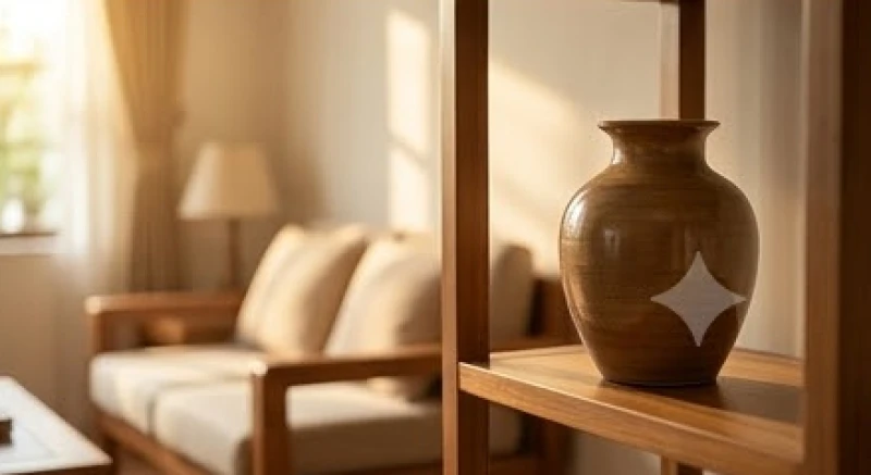 Bình gốm sứ màu nâu đất tuyệt đẹp trưng bày cẩn thận trên chiếc kệ gỗ phòng khách gia đình