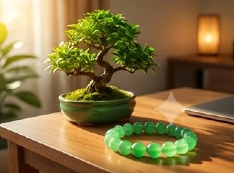 Chậu cây cảnh nhỏ và vòng thạch anh xanh lá được đặt cẩn thận ở góc Đông Nam của bàn làm việc