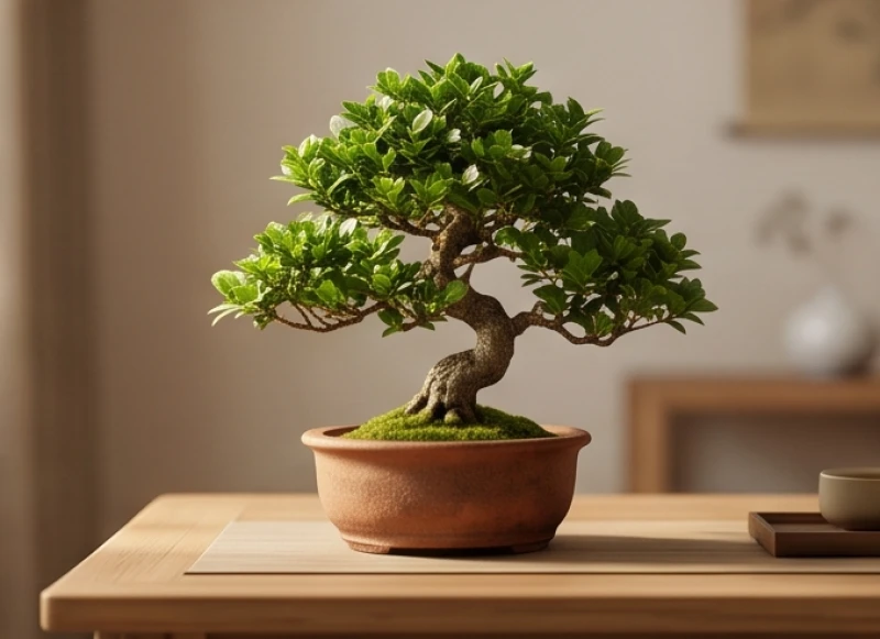 Ất Tỵ 2025 mệnh gì: Giải mã Phú Đăng Hỏa và phong thủy sinh con 6 Cây bonsai nhỏ xanh mướt trồng trong chậu gốm đất nung đặt trên bàn trà