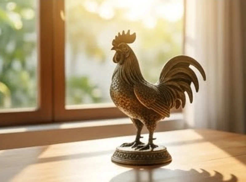 Tượng gà trống bằng đồng tinh xảo đặt trên bàn làm việc hướng Đông đón nắng