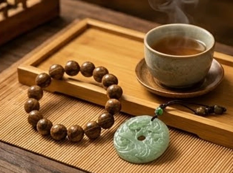 Vòng tay trầm hương và mặt dây chuyền ngọc bích đặt cạnh tách trà gốm sứ
