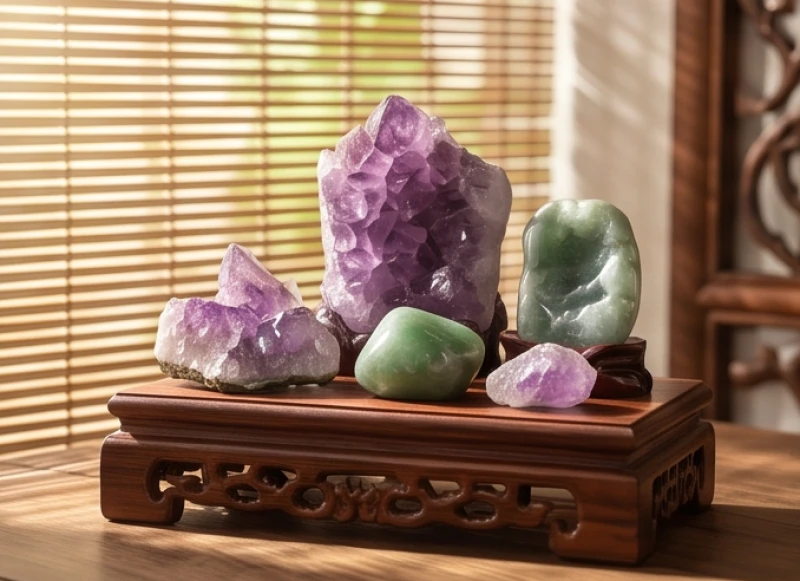 Các vật phẩm phong thủy bằng đá quý được bày trí tinh tế để thu hút sinh khí và cân bằng năng lượng