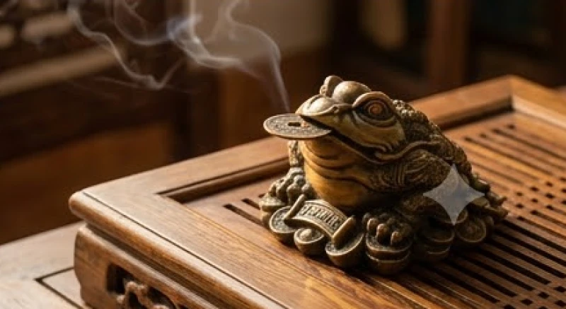 Tượng Cóc Thiềm Thừ ba chân ngậm tiền vàng được đặt trang trọng trên bàn trà để giữ chặt vượng khí mới hội tụ
