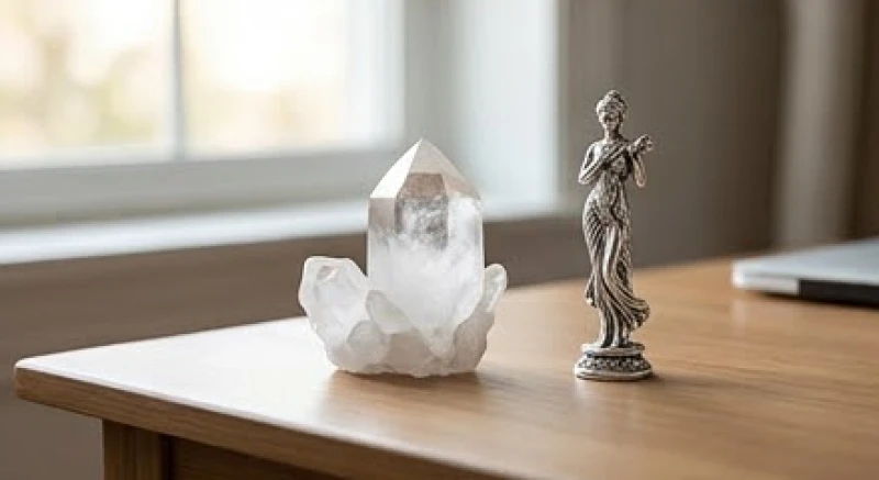 Hải Trung Kim là gì: Ý nghĩa, tính cách và ứng dụng phong thủy 7 Tinh thể thạch anh trắng và tượng bạc nhỏ đặt trên bàn làm việc hướng Tây Bắc thu hút năng lượng tốt