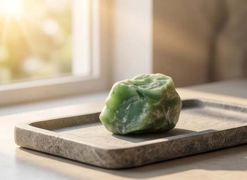 Khối ngọc bích tự nhiên màu xanh lá cây đặt cạnh cửa sổ đón nắng hỗ trợ năng lượng cho người tuổi Tý mệnh Hỏa