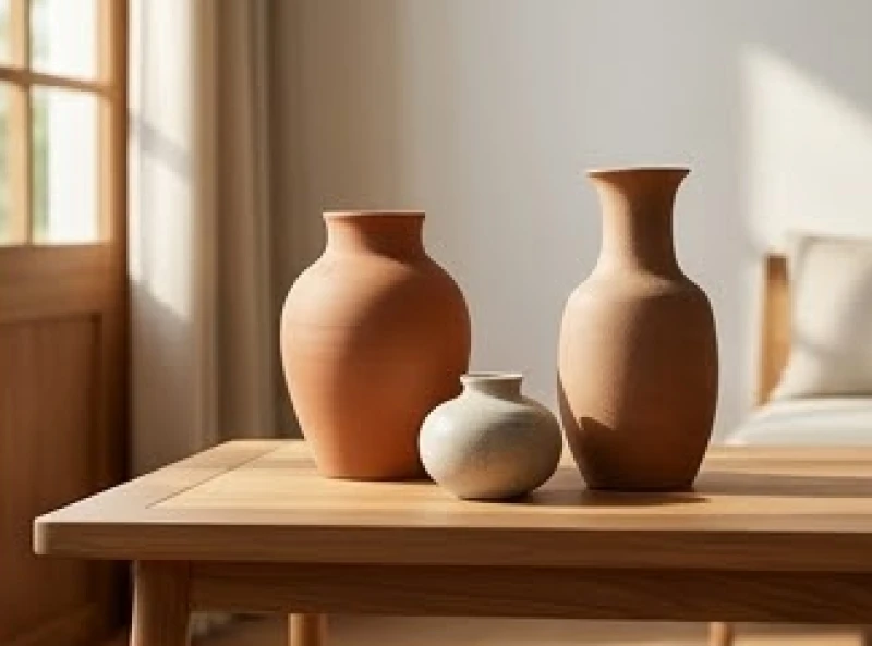 Đồ trang trí gốm sứ và ngói đất nung đại diện cho mệnh Ốc Thượng Thổ trưng bày trên bàn trà