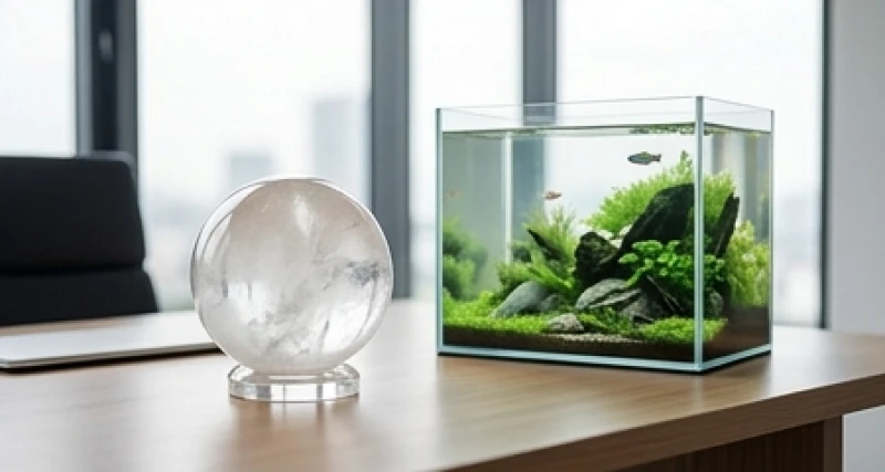 Quả cầu thạch anh trắng và bể cá thủy sinh mini đặt trang trọng trên bàn làm việc