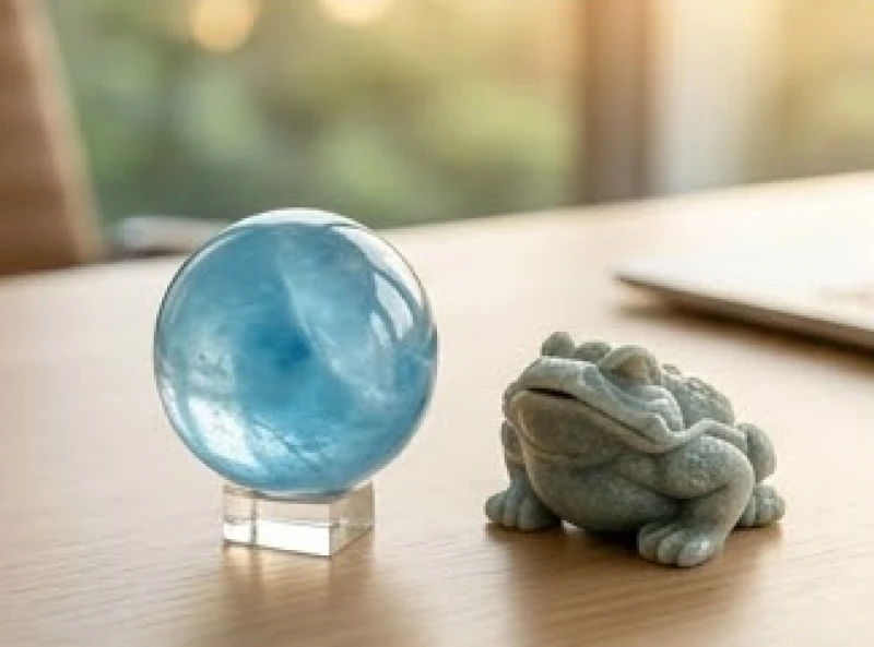 Quả cầu đá phong thủy Aquamarine màu xanh biển và linh vật thiềm thừ đặt trang trọng trên bàn làm việc bằng gỗ