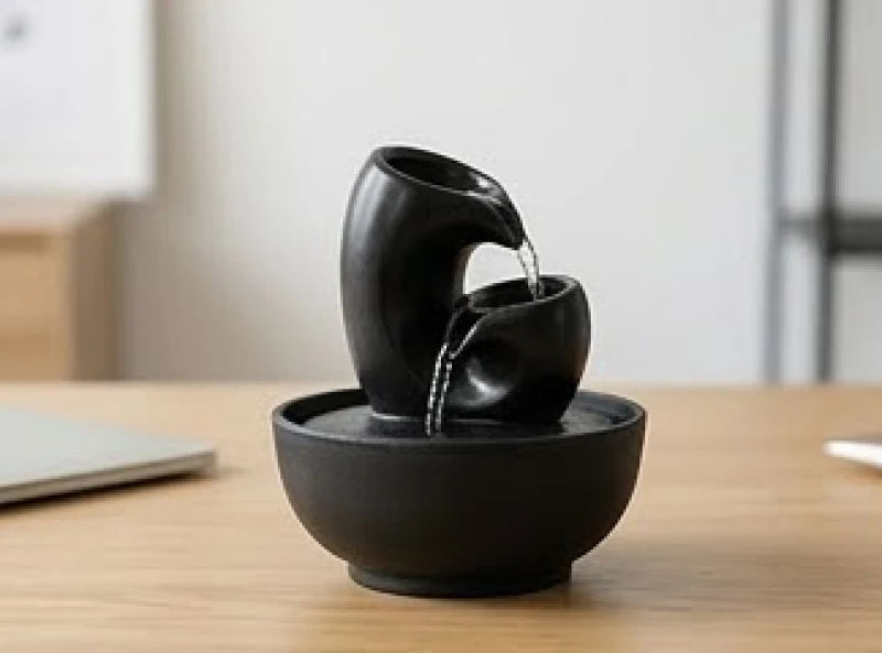 Đài phun nước mini bằng gốm sứ đen đặt trên bàn làm việc hướng Bắc giúp thu hút vượng khí