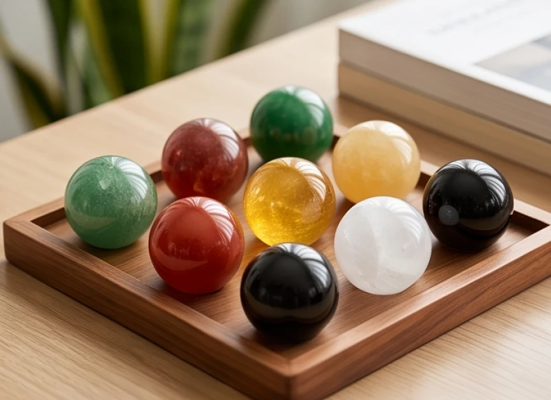 Bộ sưu tập các quả cầu đá phong thủy với nhiều màu sắc đại diện cho kim mộc thủy hỏa thổ đặt cạnh nhau