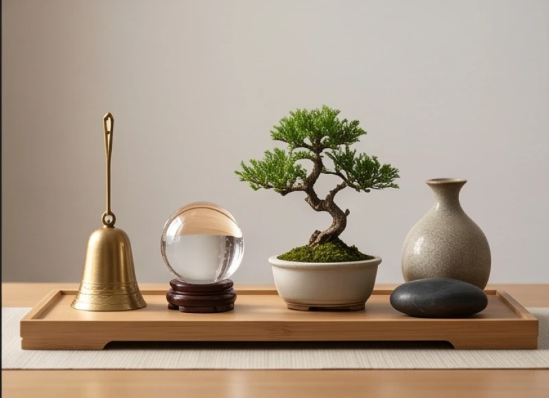 Các vật phẩm phong thủy đại diện cho ngũ hành Kim Thủy Mộc Hỏa Thổ trên bàn gỗ
