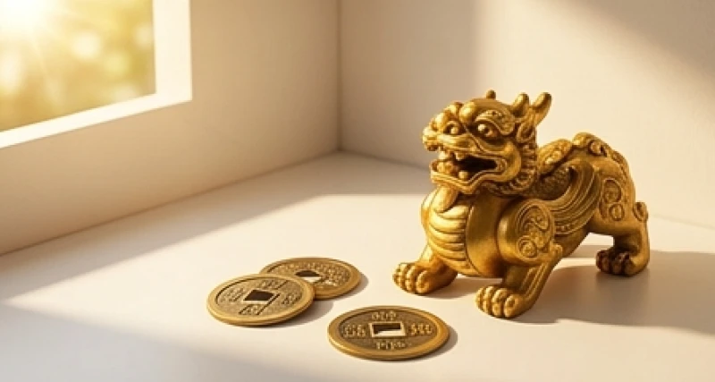 Tượng tỳ hưu và đồng xu cổ mạ vàng đặt trang trọng ở góc làm việc đầy nắng