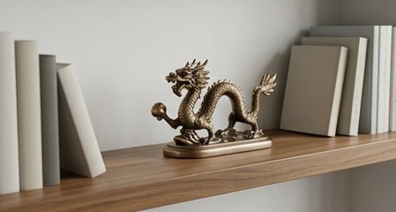 Tượng rồng phong thủy bằng đồng nguyên khối đặt trên kệ sách gỗ