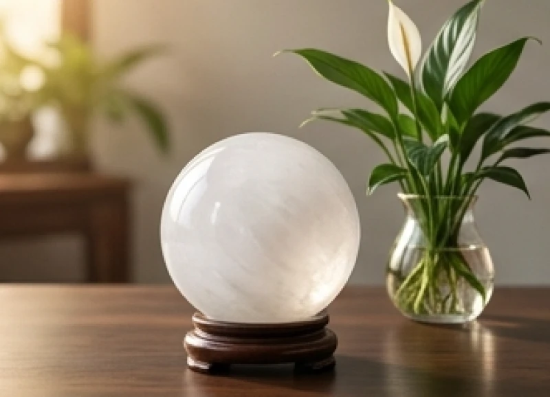 Quả cầu thạch anh trắng đặt cạnh chậu cây thủy sinh trên bàn làm việc giúp tăng cường vượng khí